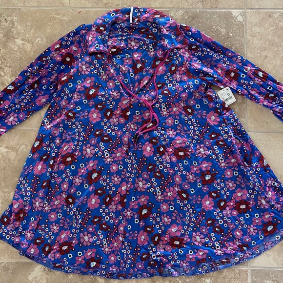 Free People Daisy Jane Mini Dress Purple Floral Retro Tie Neck SXS Boho LS - Picture 6 of 9